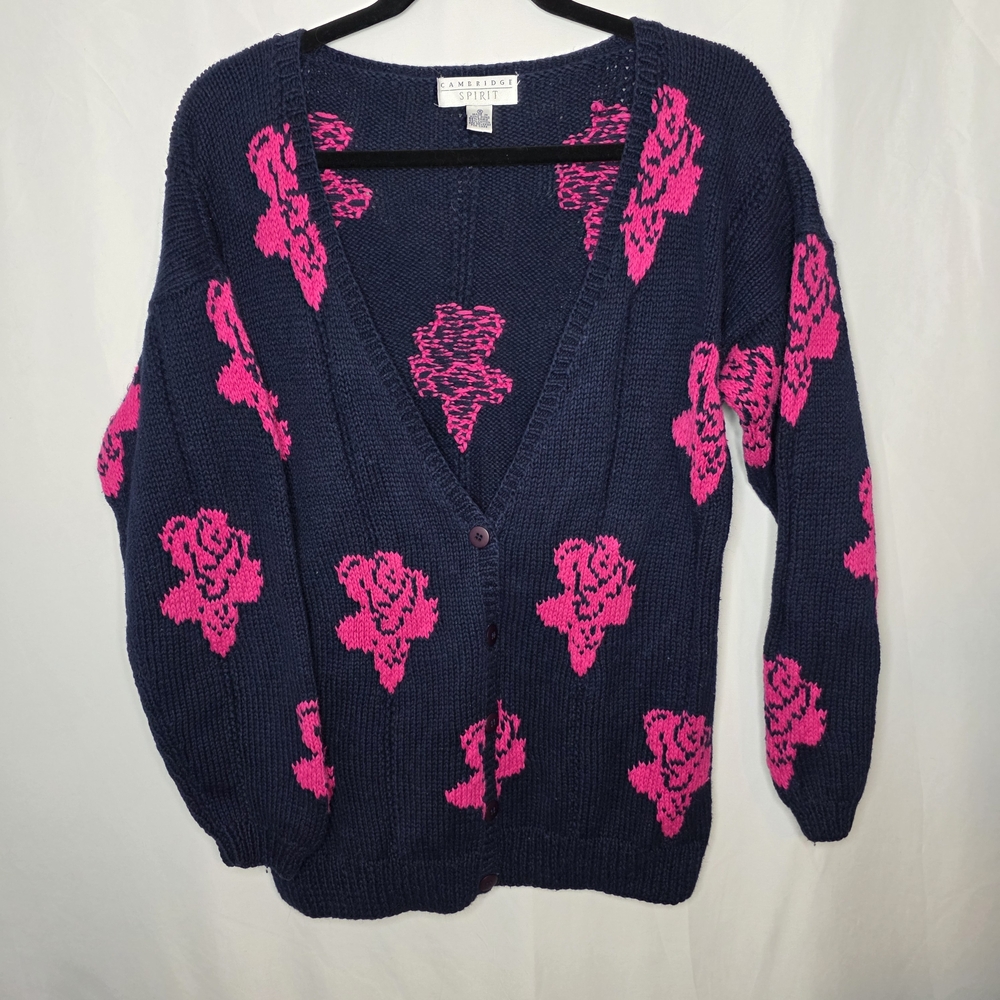 Vintage 1990s Cambridge Spirit Women's Navy Pink Knit Cardigan Sweater Medium